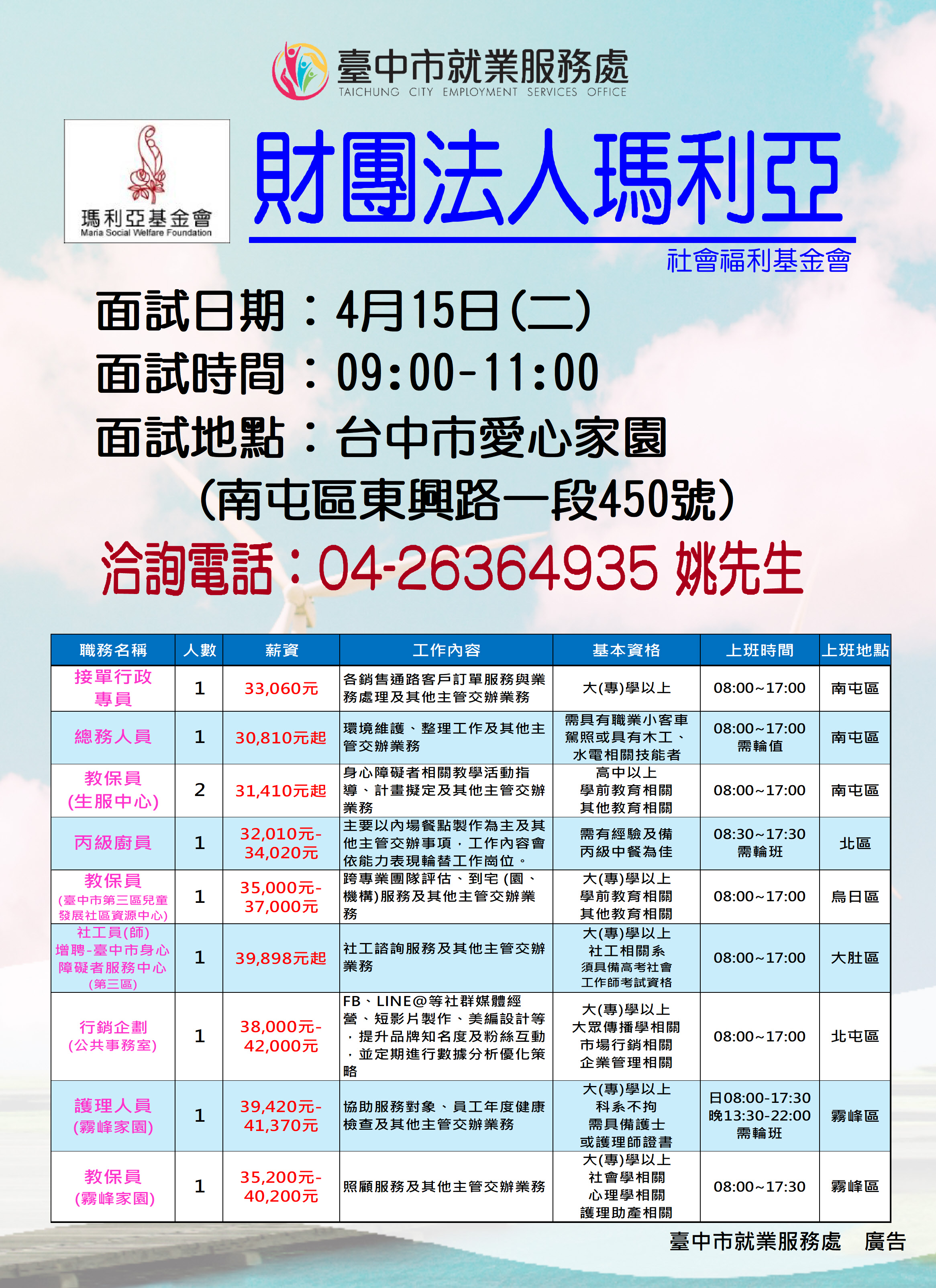 臺中市政府就業服務一鍵Catch管理平台- [單一徵才]財團法人瑪利亞社會福利基金會