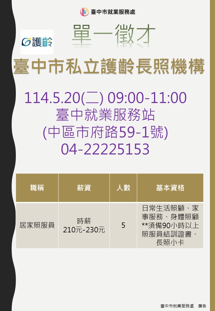 [單一徵才]臺中市私立護齡居家長照機構