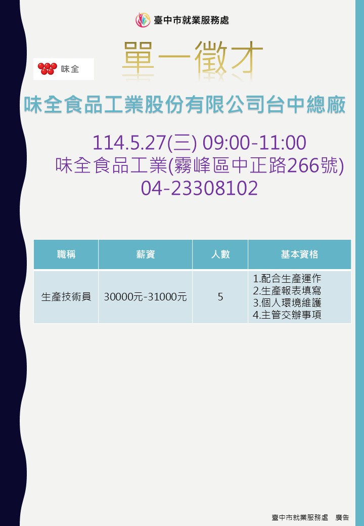 [單一徵才]味全食品工業股份有限公司台中總廠