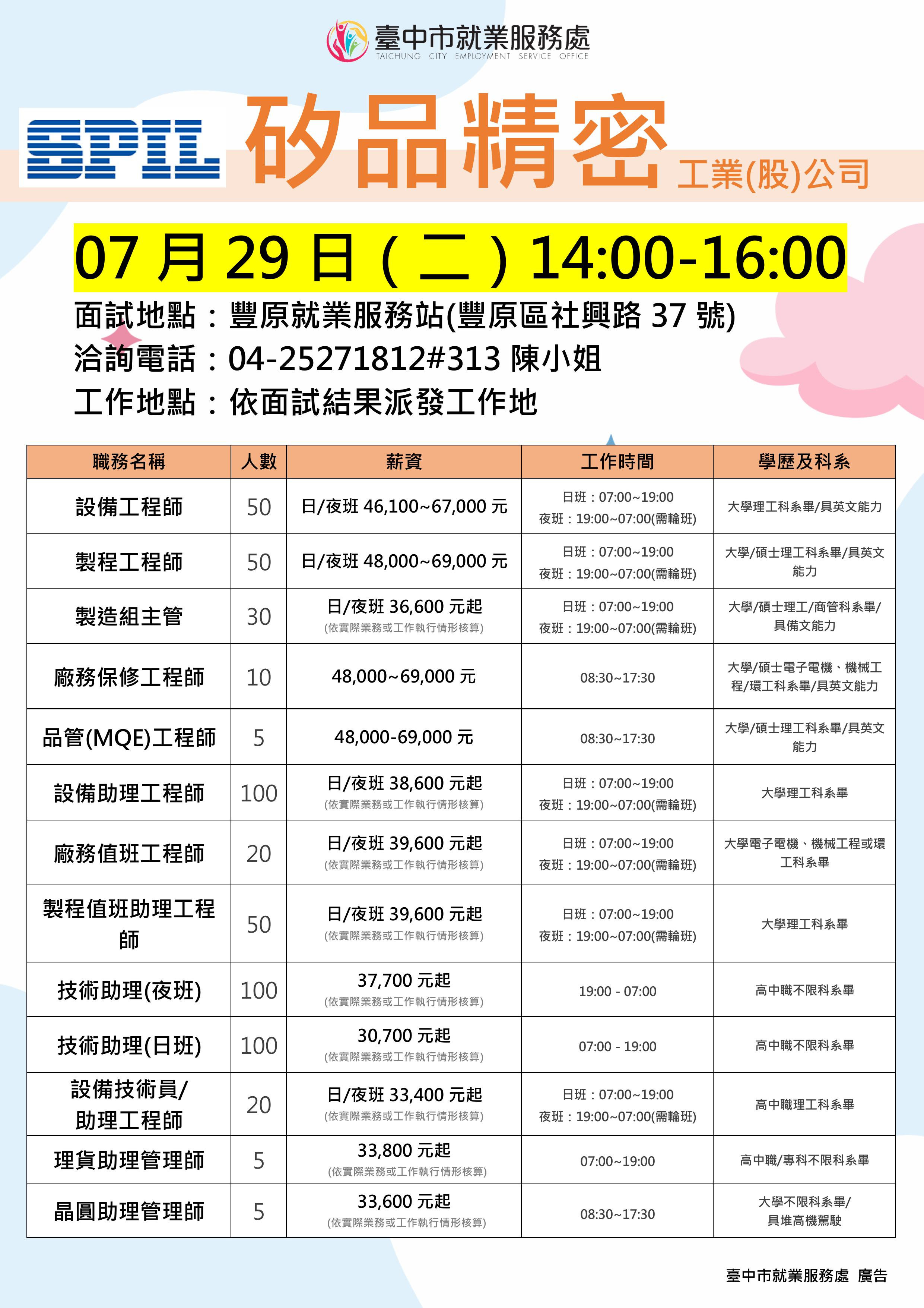 【單一徵才】矽品精密工業股份有限公司(豐原站)
