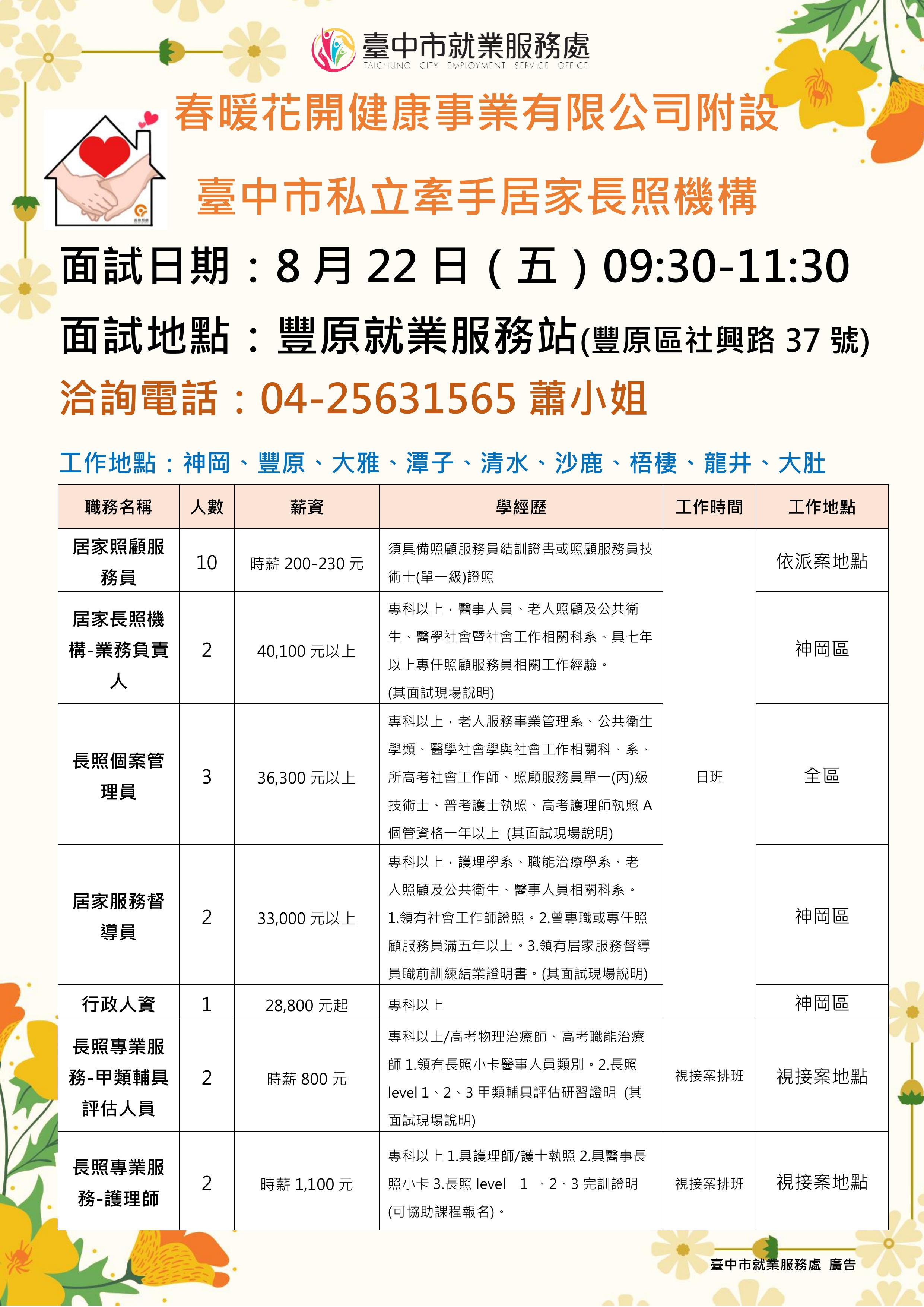 【單一徵才】春暖花開健康事業有限公司附設臺中市私立牽手居家長照機構