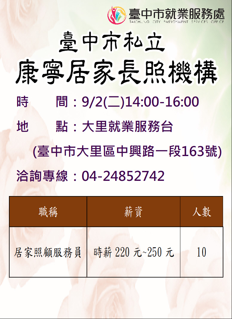 [單一徵才]臺中市私立康寧居家長照機構