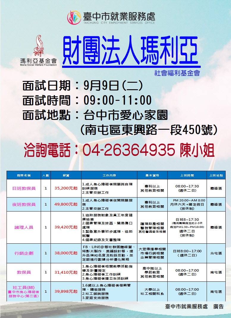 【單一徵才】財團法人瑪利亞社會福利基金會