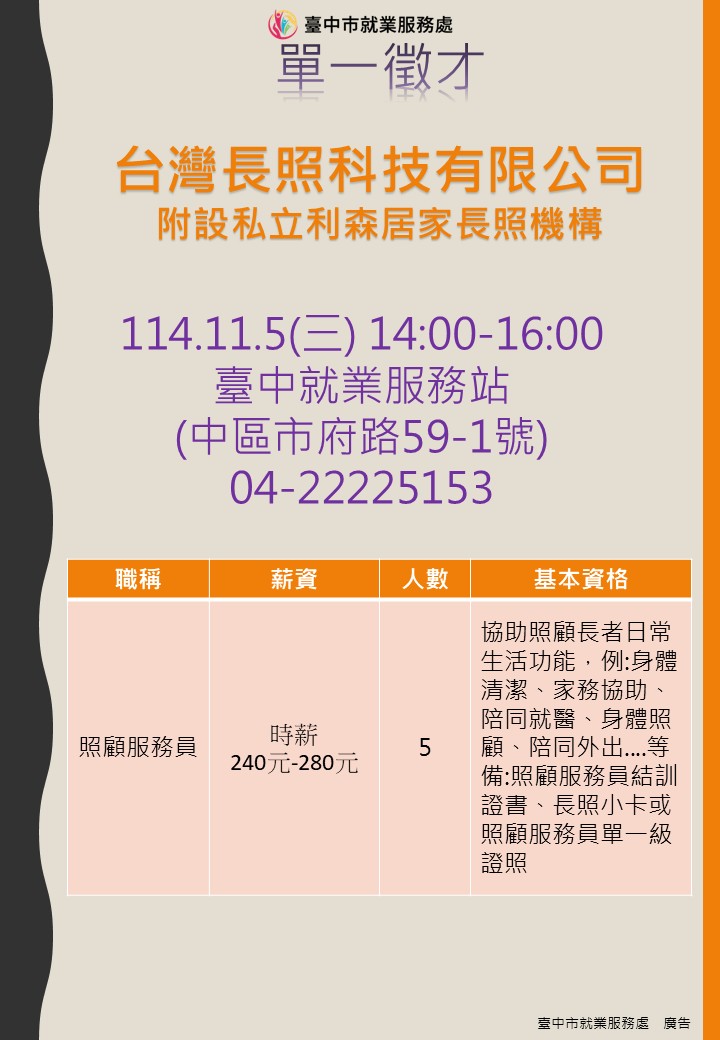 [單一徵才]台灣長照科技有限公司附設私立利森居家長照機構