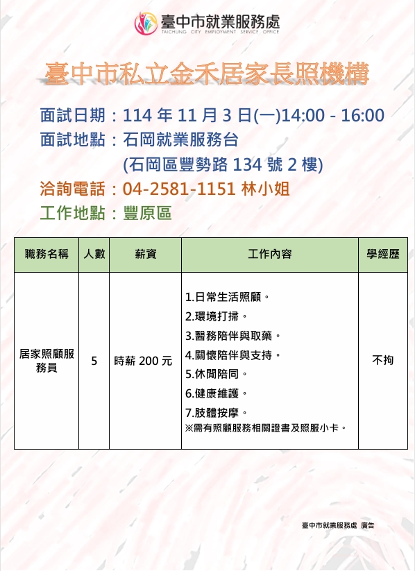 【單一徵才】臺中市私立金禾居家長照機構