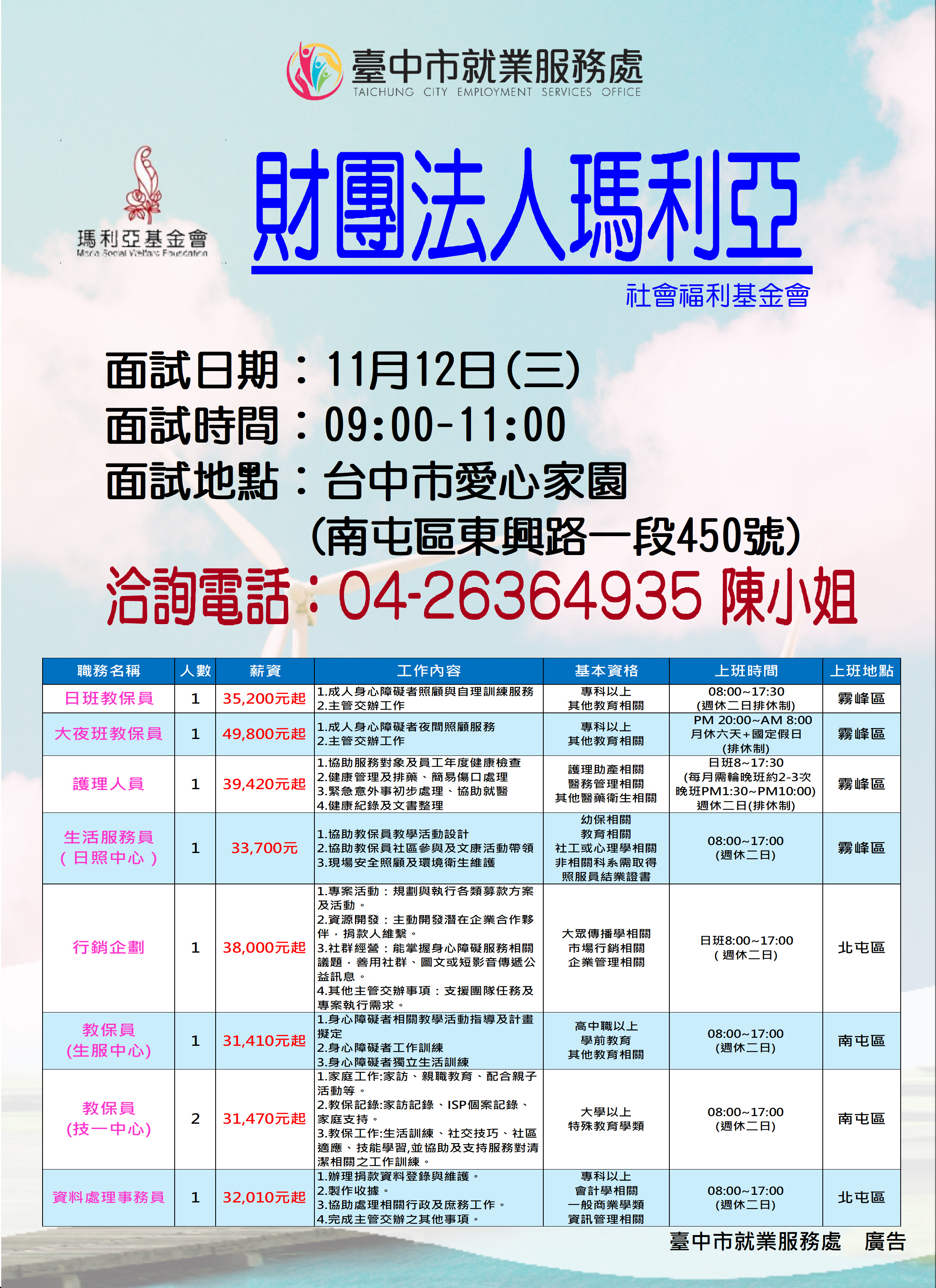 【單一徵才】財團法人瑪利亞社會福利基金會