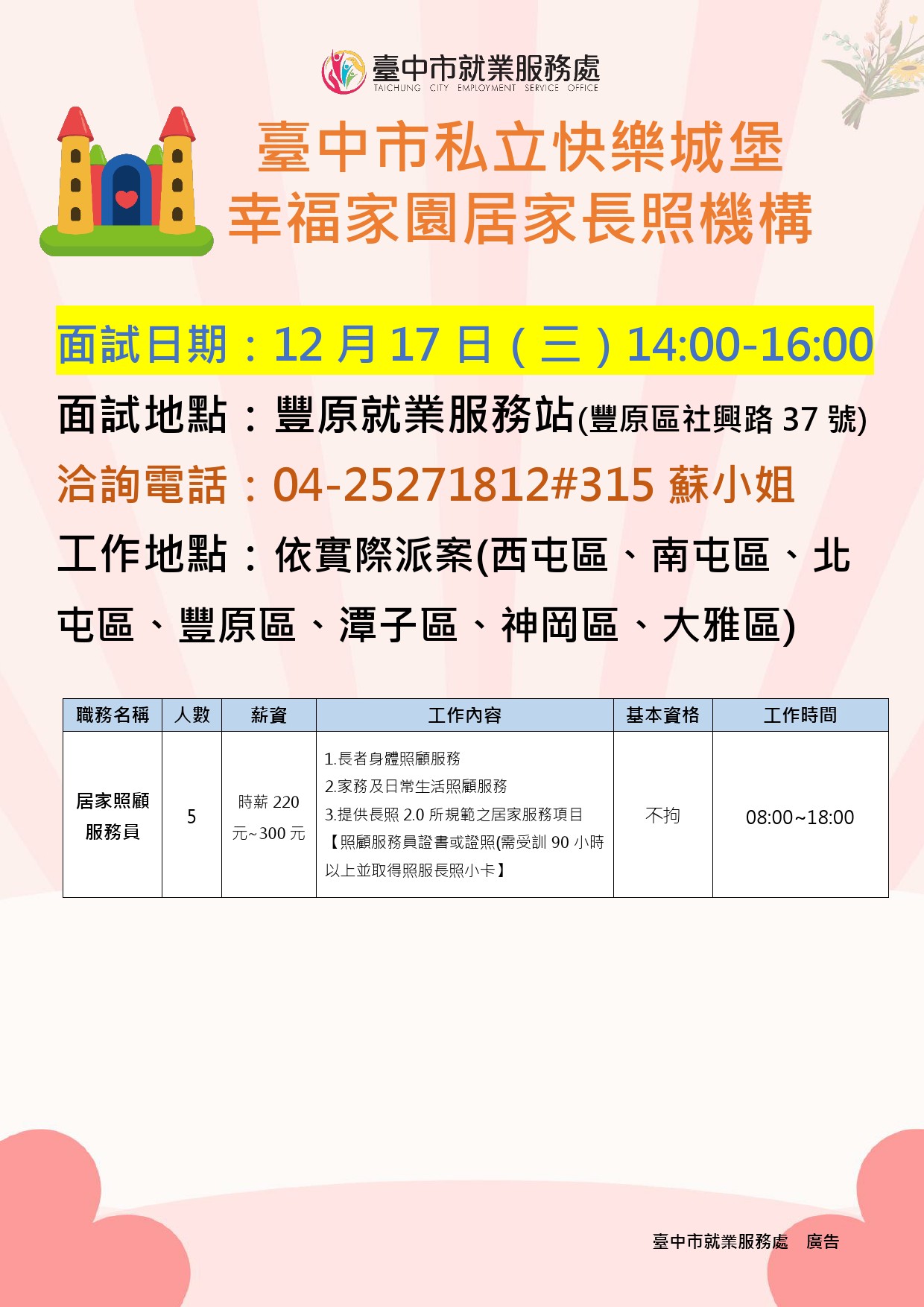 【單一徵才】臺中市私立快樂城堡幸福家園居家長照機構