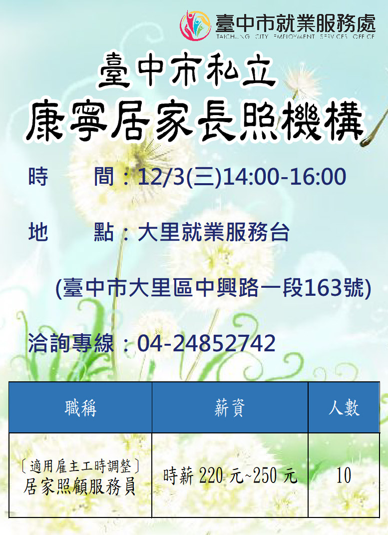 [單一徵才]臺中市私立康寧居家長照機構