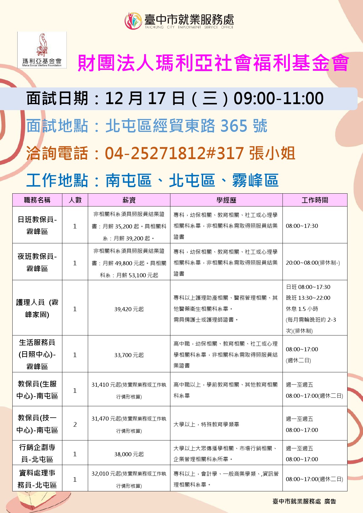 【單一徵才】財團法人瑪利亞社會福利基金會