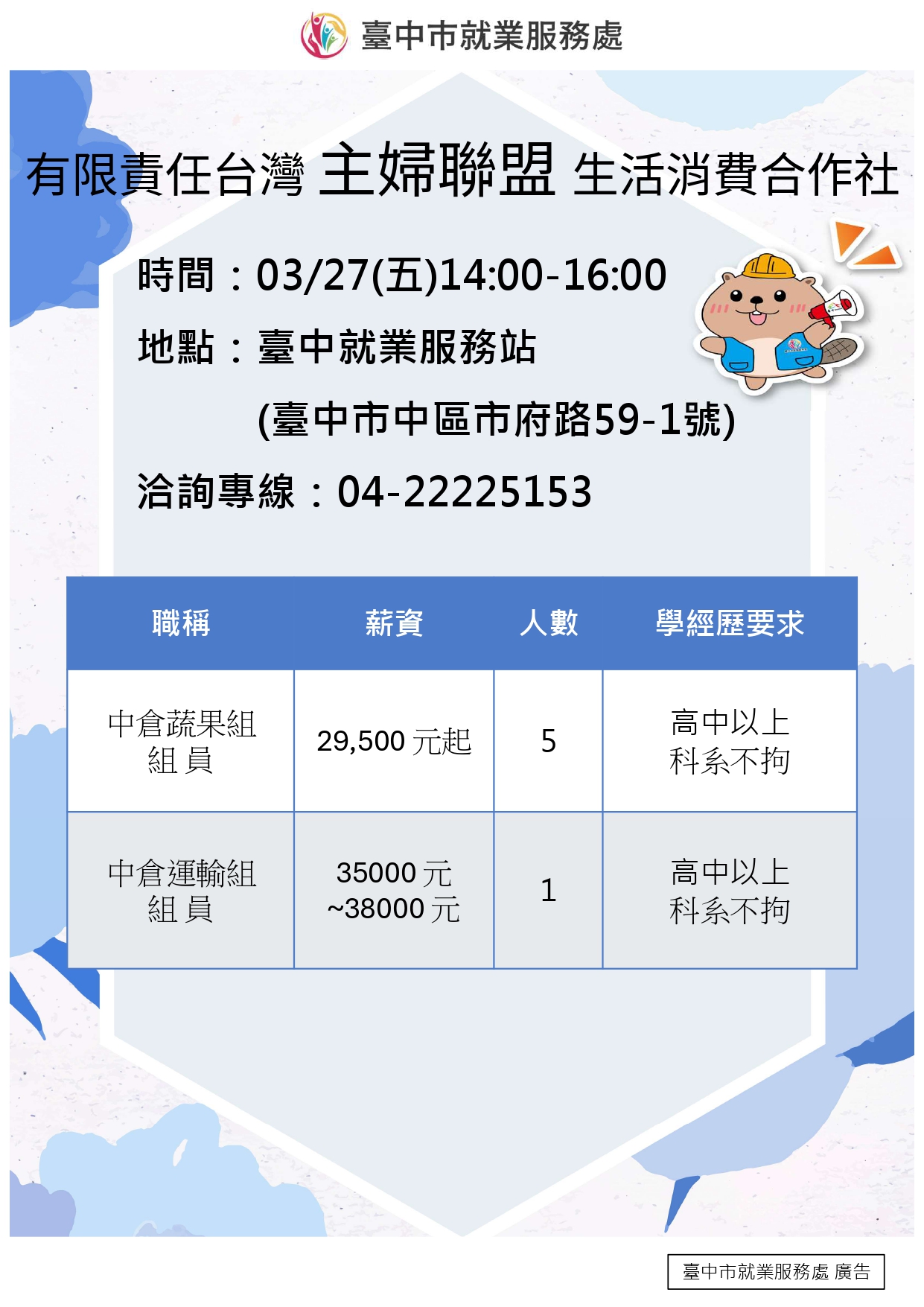 〔單一徵才〕有限責任台灣主婦聯盟生活消費合作社