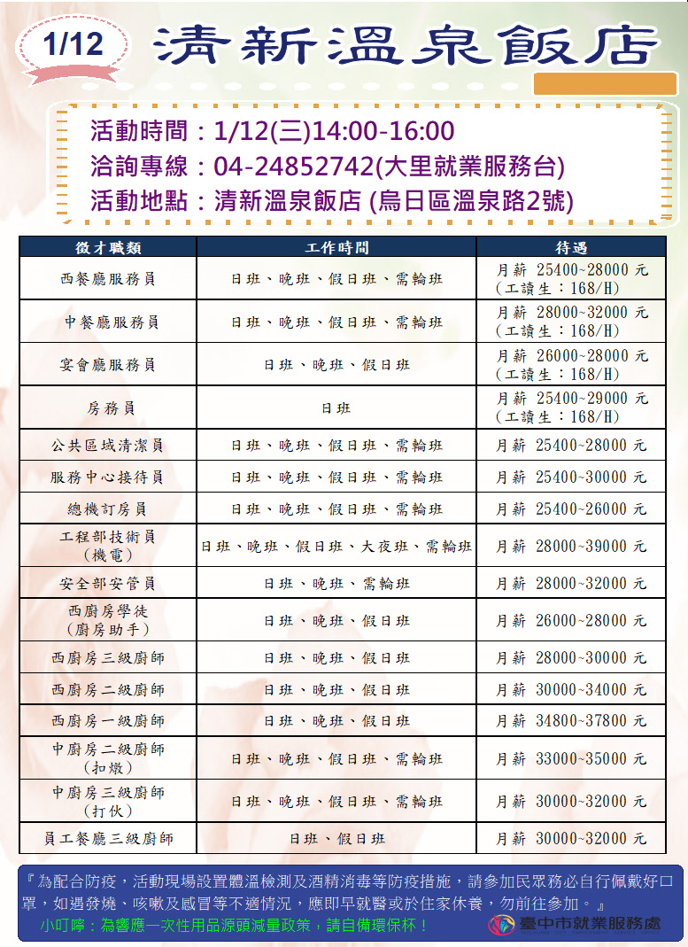 [單一徵才]清新國際股份有限公司(清新溫泉飯店)