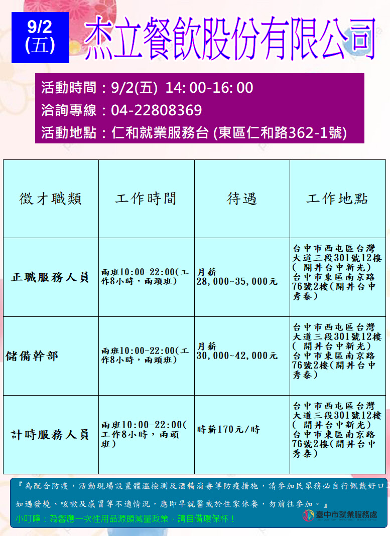 [單一徵才]杰立餐飲股份有限公司