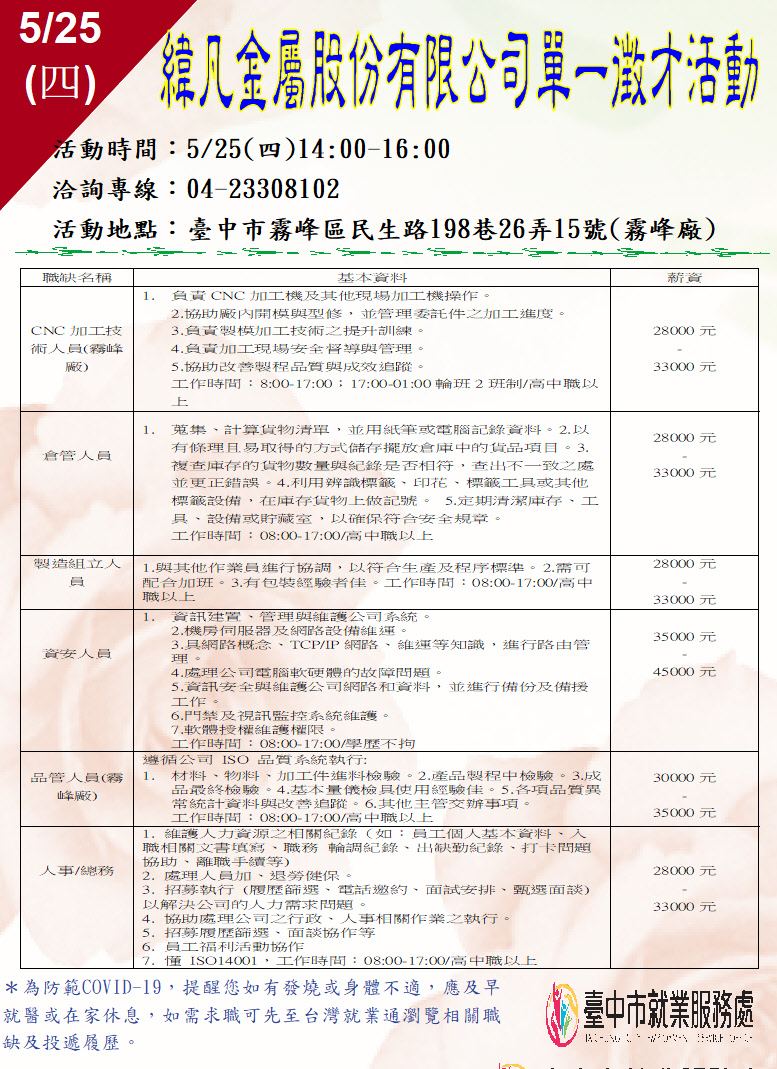 [單一徵才]緯凡金屬股份有限公司