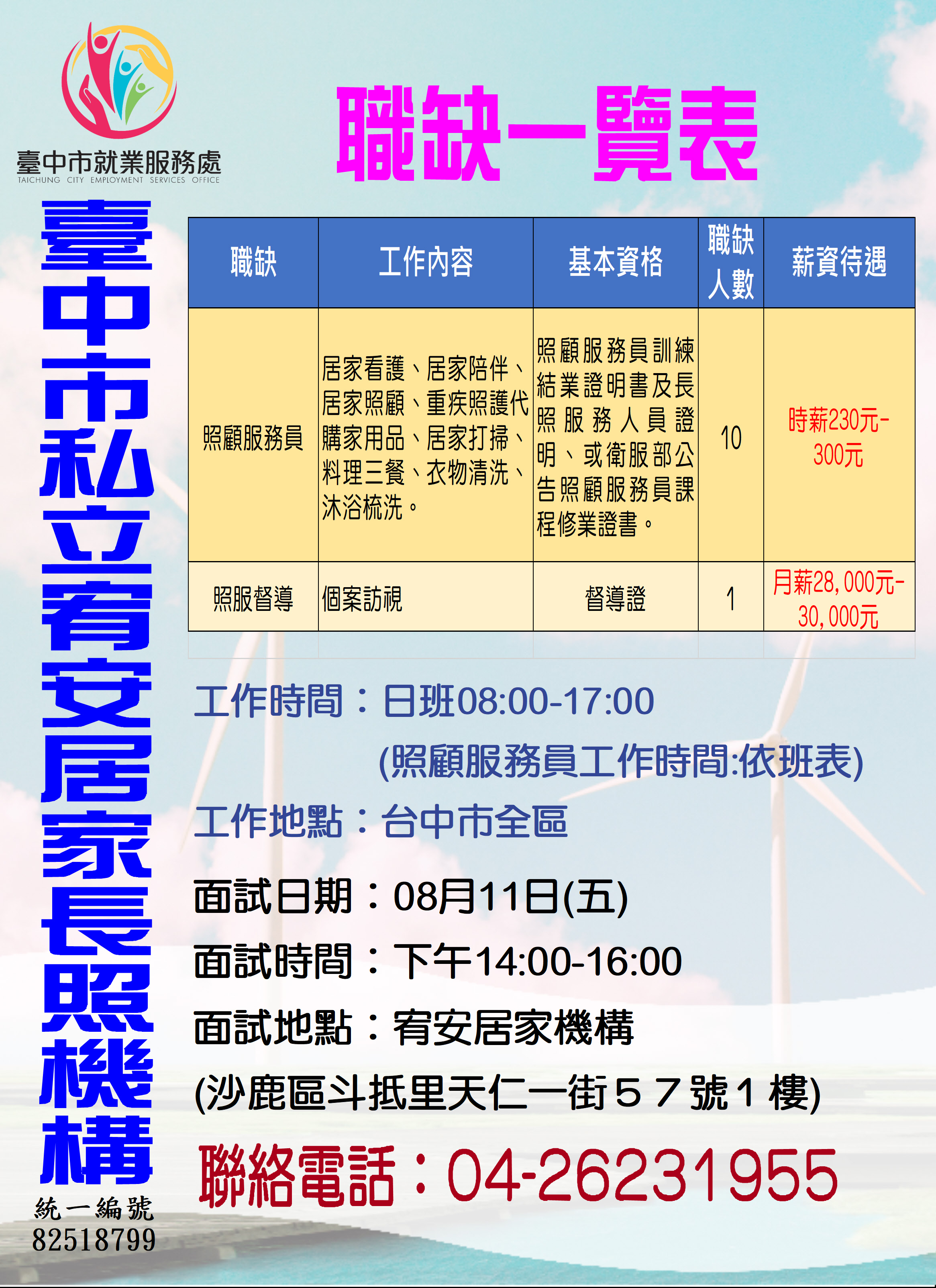 [單一徵才]臺中市私立宥安居家長照機構