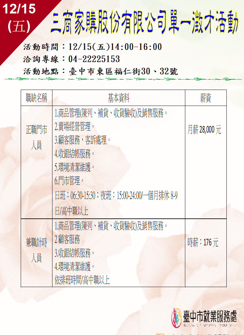 [單一徵才]三商家購股份有限公司-美廉社