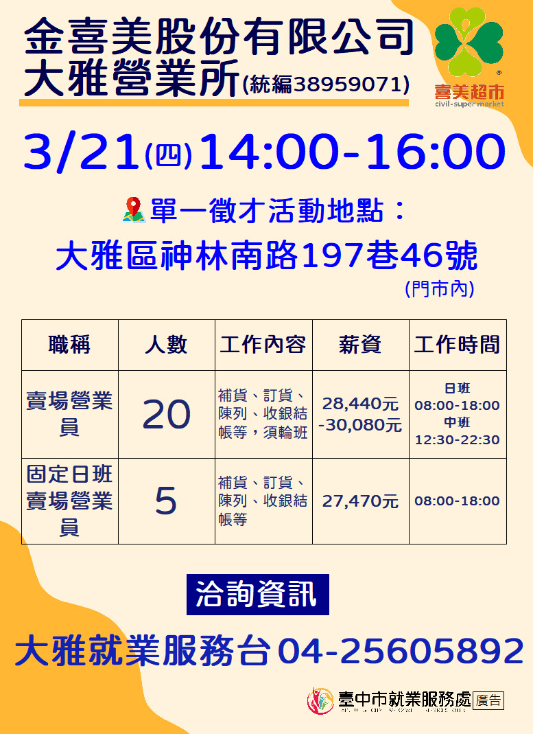 [單一徵才]金喜美股份有限公司大雅營業所