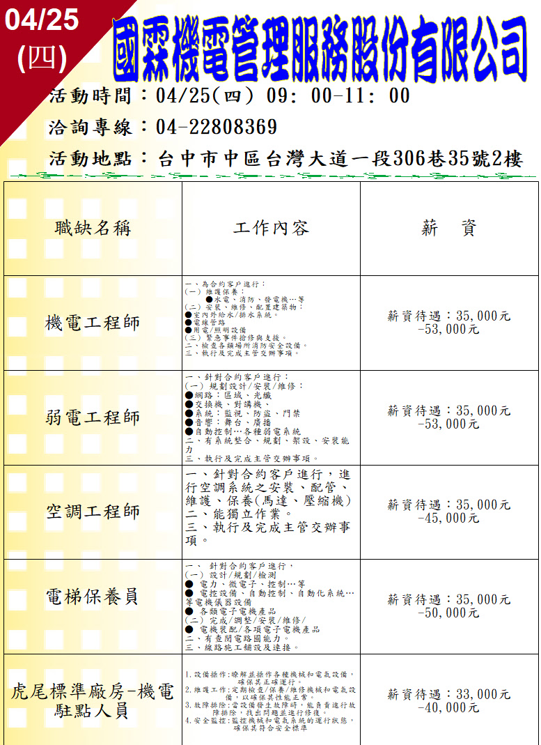 [單一徵才]國霖機電管理服務份有限公司