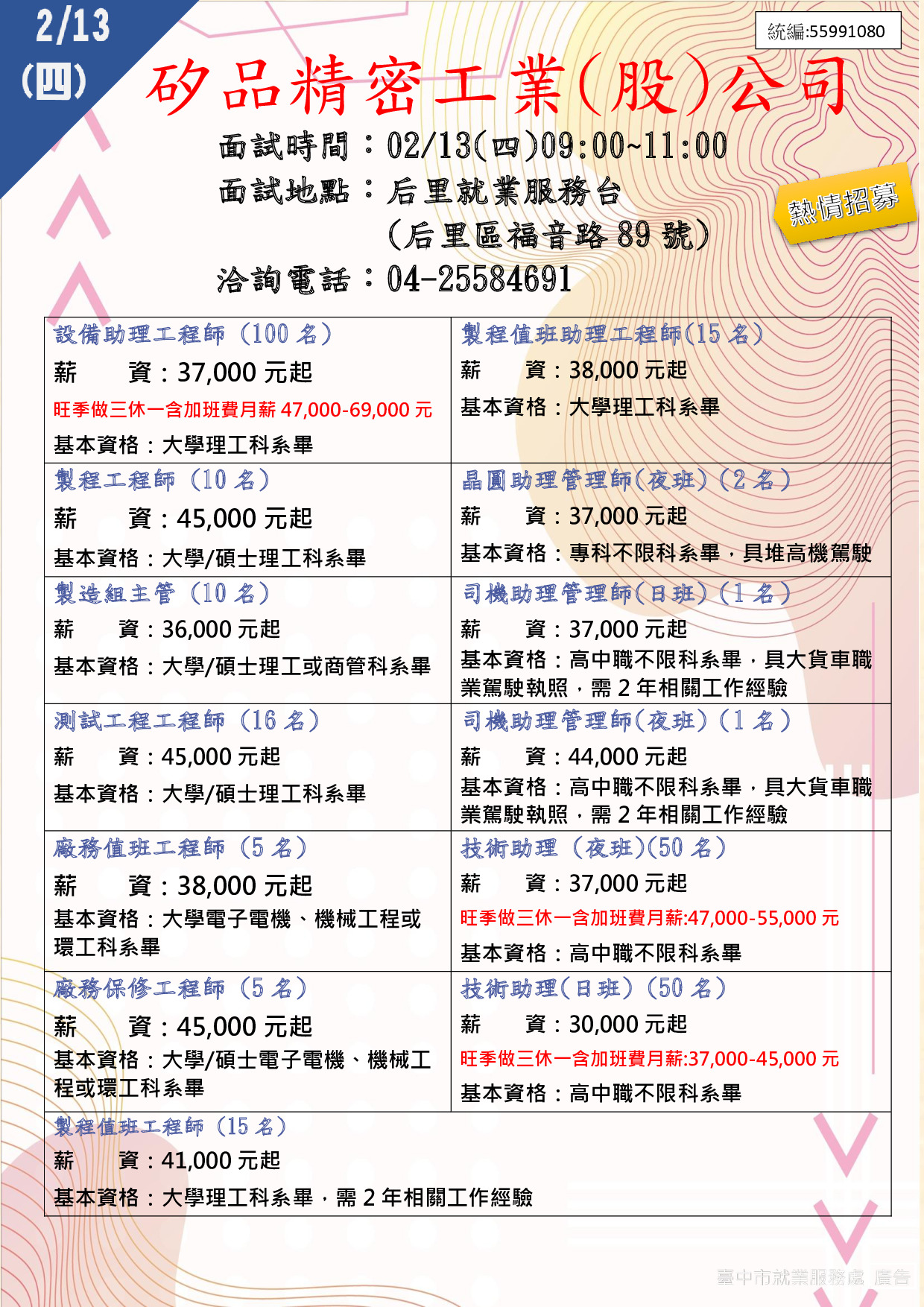 [單一徵才]矽品精密工業股份有限公司(后里台)