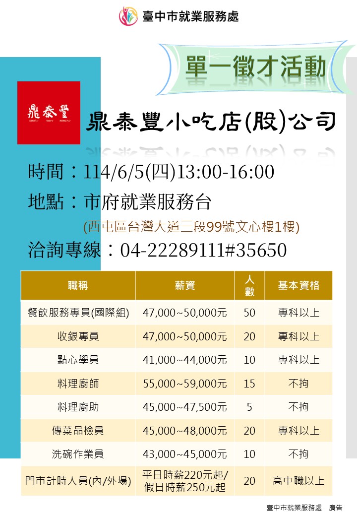 [單一徵才]鼎泰豐小吃店股份有限公司