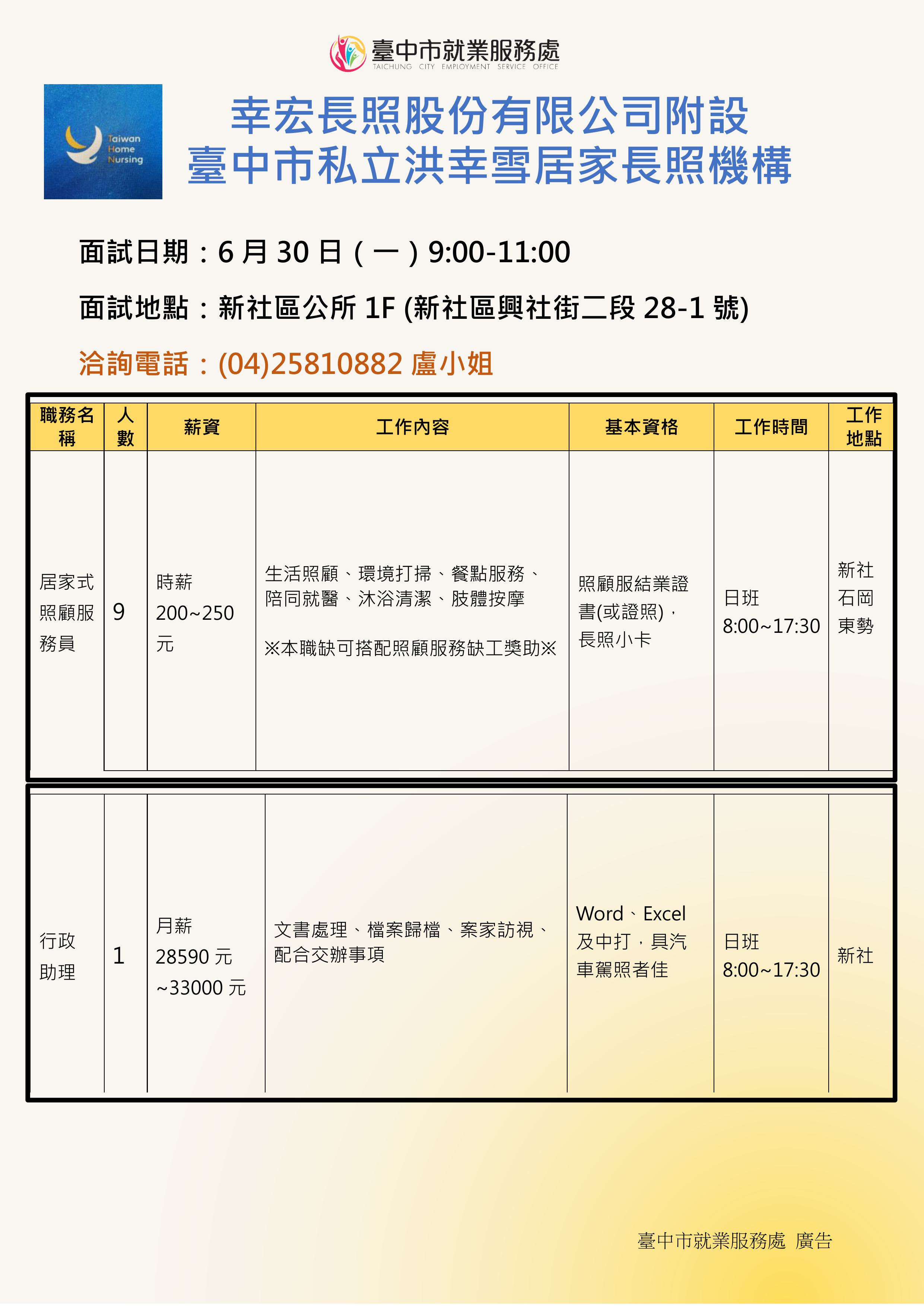 【單一徵才】幸宏長照股份有限公司附設臺中市私立洪幸雪居家長照機構