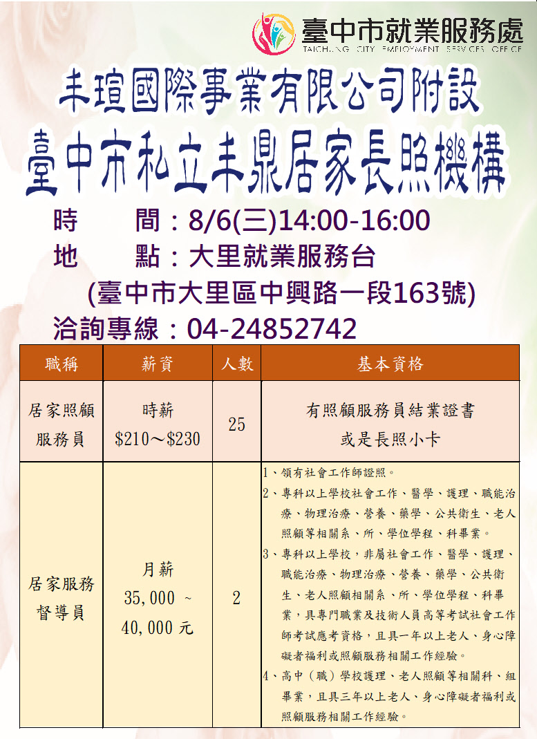 [單一徵才]丰瑄國際事業有限公司附設臺中市私立丰鼎居家長照機構